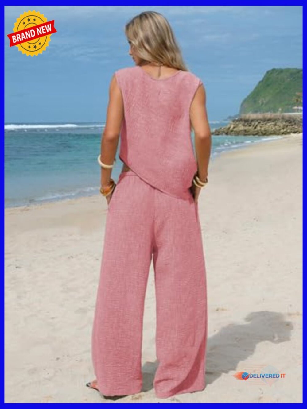 Women's Cotton Two Piece Set Summer Tank Top Wide Leg Pants Lounge Outfit - Picture 4 of 6
